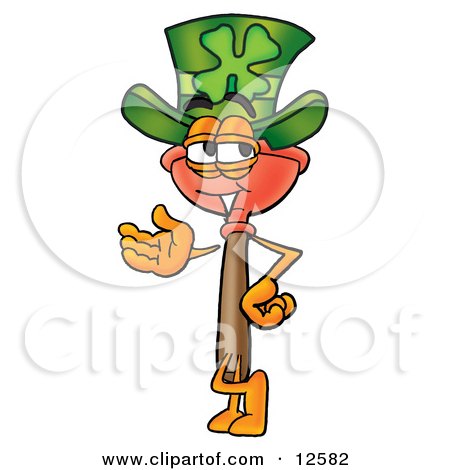 Clipart Picture of a Sink Plunger Mascot Cartoon Character Wearing a Saint Patricks Day Hat With a Clover on it by Mascot Junction