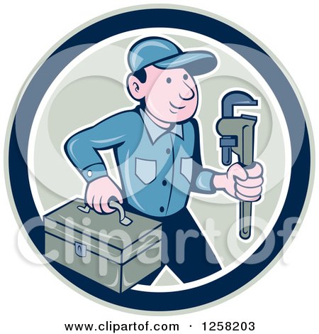 Clipart of a Cartoon White Male Plumber with a Monkey Wrench and Tool Box in a Circle - Royalty Free Vector Illustration by patrimonio