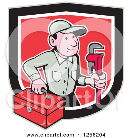 Clipart of a Cartoon White Male Plumber with a Monkey Wrench and Tool Box in a Black Tan White and Red Shield - Royalty Free Vector Illustration by patrimonio