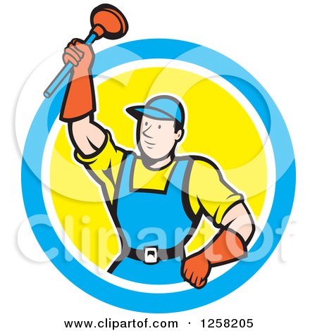 Clipart of a Cartoon White Male Plumber Holding up a Plunger in a Blue White and Yellow Circle - Royalty Free Vector Illustration by patrimonio