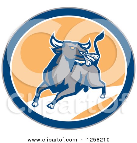 Clipart of a Raging Bull Charging in a Gray Blue White and Orange Circle - Royalty Free Vector Illustration by patrimonio