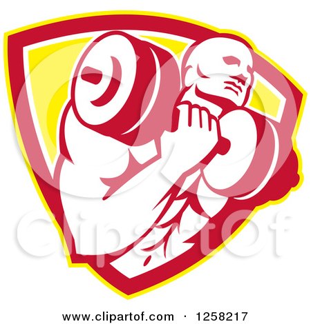 Clipart of a Retro Muscular Male Bodybuilder Lifting Weights in a Yellow White and Red Shield - Royalty Free Vector Illustration by patrimonio