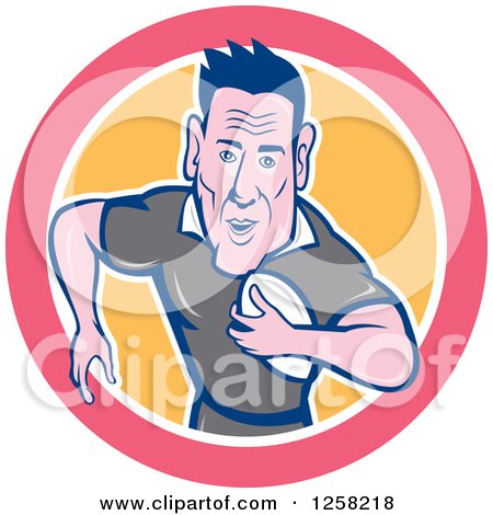 Clipart of a Cartoon Male Rugby Player in a Pink White and Orange Circle - Royalty Free Vector Illustration by patrimonio