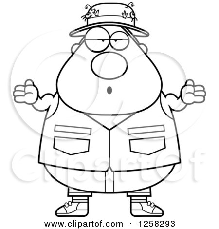 Clipart of a Black and White Careless Shrugging Chubby Fisherman - Royalty Free Vector Illustration by Cory Thoman