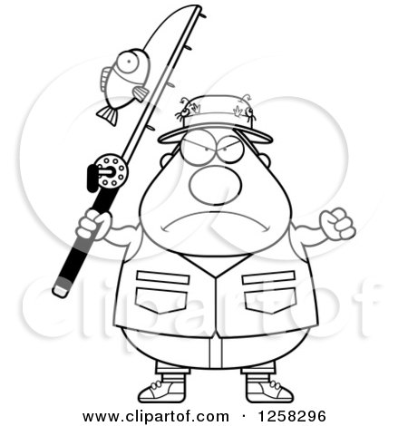 Clipart of a Black and White Mad Chubby Fisherman Holding up a Fist - Royalty Free Vector Illustration by Cory Thoman