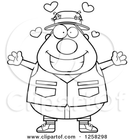 Clipart of a Black and White Loving Chubby Fisherman with Open Arms and Hearts - Royalty Free Vector Illustration by Cory Thoman