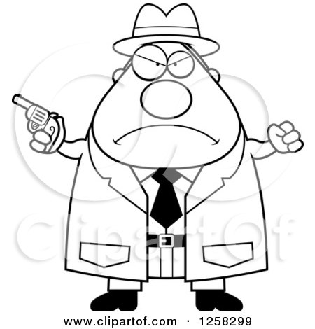 Clipart of a Black and White Mad Chubby Male Detective with a Pistol and Balled Fist - Royalty Free Vector Illustration by Cory Thoman
