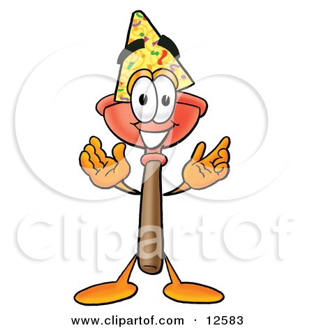Clipart Picture of a Sink Plunger Mascot Cartoon Character Wearing a Birthday Party Hat by Mascot Junction