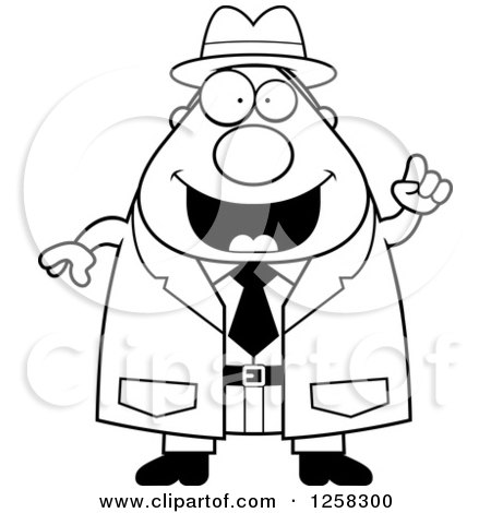 Clipart of a Black and White Happy Chubby Male Detective with an Idea - Royalty Free Vector Illustration by Cory Thoman