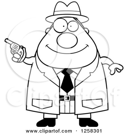 Clipart of a Black and White Happy Chubby Male Detective Holding a Pistol - Royalty Free Vector Illustration by Cory Thoman