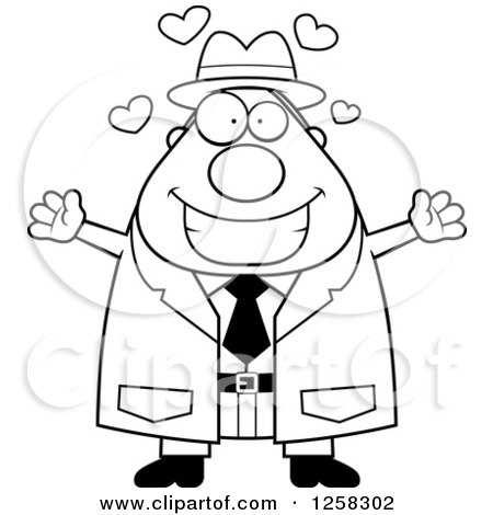 Clipart of a Black and White Happy Chubby Male Detective with Open Arms and Hearts - Royalty Free Vector Illustration by Cory Thoman