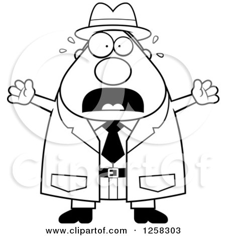Clipart of a Black and White Scared Screaming Chubby Male Detective - Royalty Free Vector Illustration by Cory Thoman