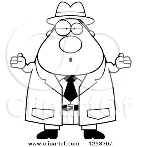 Clipart of a Black and White Careless Shrugging Chubby Male Detective - Royalty Free Vector Illustration by Cory Thoman