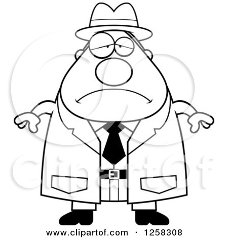 Clipart of a Black and White Sad Depressed Chubby Male Detective - Royalty Free Vector Illustration by Cory Thoman
