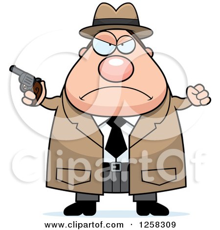 Clipart of a White Mad Chubby Male Detective with a Pistol and Balled Fist - Royalty Free Vector Illustration by Cory Thoman
