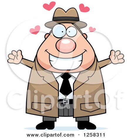 Clipart of a White Happy Chubby Male Detective with Open Arms and Hearts - Royalty Free Vector Illustration by Cory Thoman