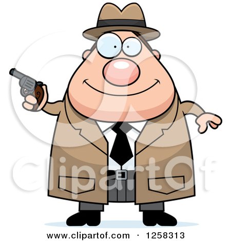 Clipart of a White Happy Chubby Male Detective Holding a Pistol - Royalty Free Vector Illustration by Cory Thoman