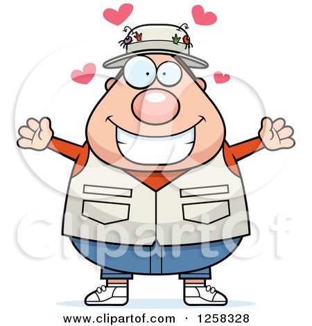 Clipart of a White Loving Chubby Fisherman with Open Arms and Hearts - Royalty Free Vector Illustration by Cory Thoman