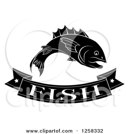 Clipart of a Black and White Banner and Fish - Royalty Free Vector Illustration by AtStockIllustration