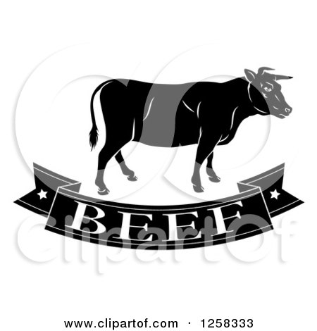 Clipart of a Black and White Beef Banner and Cow - Royalty Free Vector Illustration by AtStockIllustration