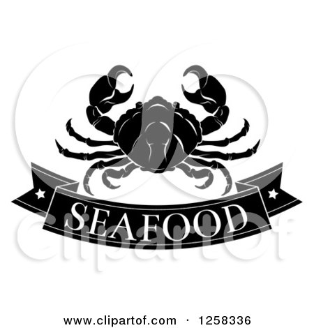 Clipart of a Black and White Seafood Banner and Crab - Royalty Free Vector Illustration by AtStockIllustration