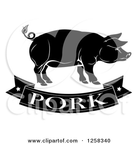Clipart of a Black and White Pork Banner and Pig - Royalty Free Vector Illustration by AtStockIllustration