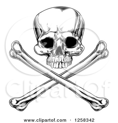 Clipart of a Black and White Engraved Jolly Roger Skull and Crossbones - Royalty Free Vector Illustration by AtStockIllustration