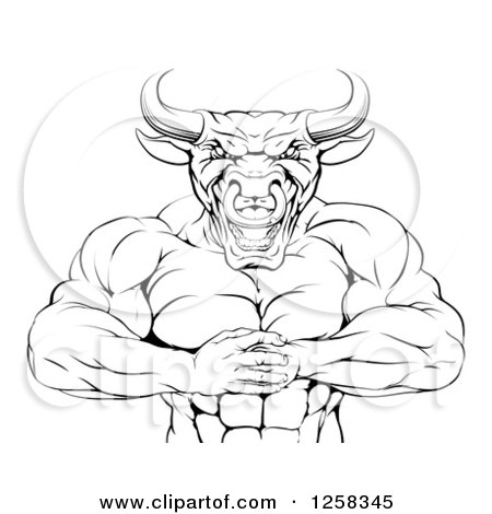 Clipart of a Black and White Muscular Bull Man Gesturing Bring It with His Fists - Royalty Free Vector Illustration by AtStockIllustration