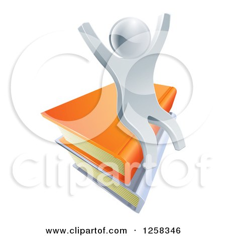 Clipart of a 3d Happy Cheering Silver Man Sitting on Books - Royalty Free Vector Illustration by AtStockIllustration