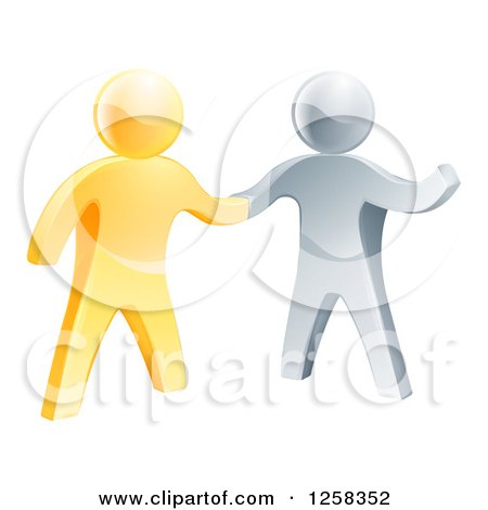 Clipart of a Handshake Between 3d Gold and Silver Men, with One Guy Gesturing - Royalty Free Vector Illustration by AtStockIllustration
