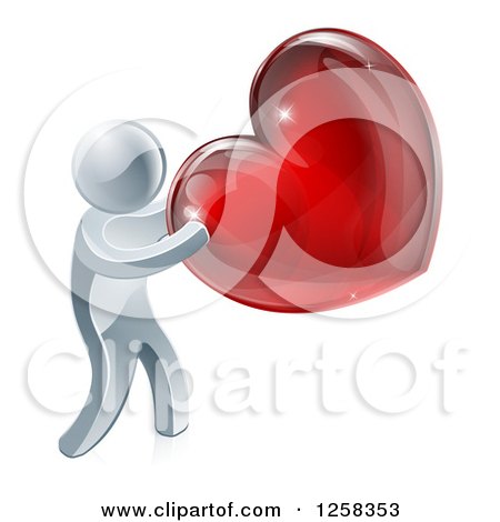 Clipart of a 3d Silver Man Holding a Glass Red Heart - Royalty Free Vector Illustration by AtStockIllustration