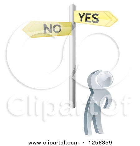 Clipart of a 3d Silver Man Looking up at Yes and No Crossroads Signs - Royalty Free Vector Illustration by AtStockIllustration