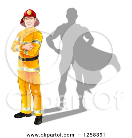 Caucasian Male Fireman with Folded Arms and a Super Hero Shadow Posters, Art Prints