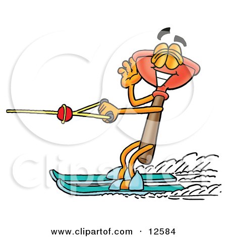 Clipart Picture of a Sink Plunger Mascot Cartoon Character Waving While Water Skiing by Mascot Junction