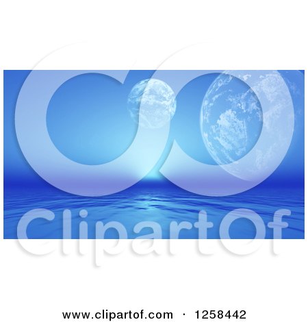 Clipart of 3d Fictional Planets over a Blue Ocean - Royalty Free Illustration by KJ Pargeter