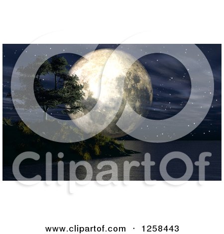 Clipart of a 3d Giant Moon and Tree over an Ocean at Night - Royalty Free Illustration by KJ Pargeter