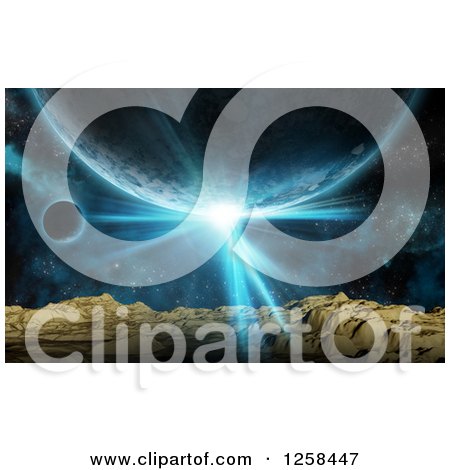 Clipart of a 3d Fictional Planet Planscape Oand Other Planets with Light - Royalty Free Illustration by KJ Pargeter