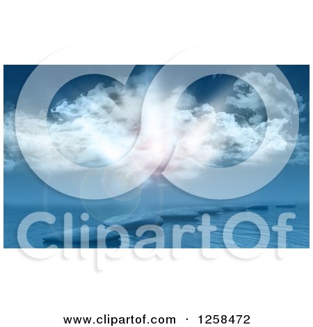 Clipart of a Sun Flare and Clouds over 3d Stones in the Sea - Royalty Free Illustration by KJ Pargeter