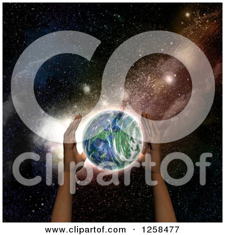Clipart of 3d Human Hands over Planet Earth and Outer Space - Royalty Free Illustration by KJ Pargeter