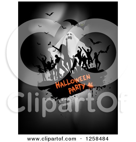 Black Grunge Dancers over Halloween Party Text with a Ghost and Bats on Gray Posters, Art Prints