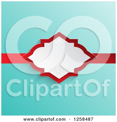 Clipart of a Turquoise Polda Dot Background with a White and Red Ribbon Frame - Royalty Free Vector Illustration by KJ Pargeter