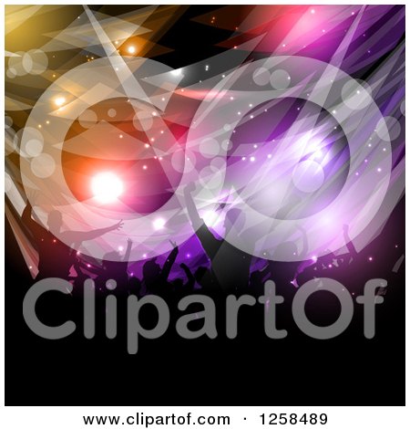 Clipart of a Silhouetted Dancing and Cheering Crowd over Colorful Flares and Lights - Royalty Free Vector Illustration by KJ Pargeter