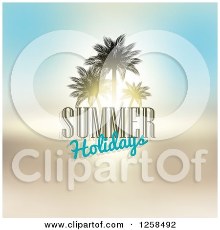 Clipart of a Sunset with Palm Trees and Summer Holidays Text - Royalty Free Vector Illustration by KJ Pargeter