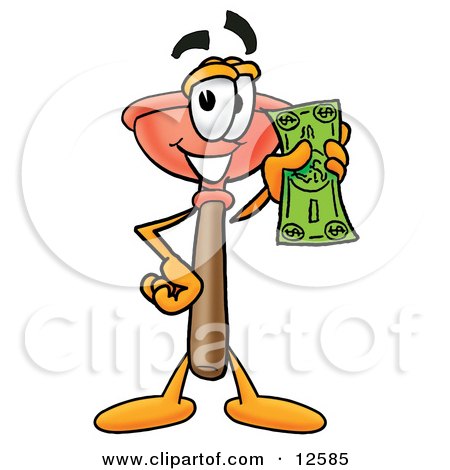 Clipart Picture of a Sink Plunger Mascot Cartoon Character Holding a Dollar Bill by Mascot Junction
