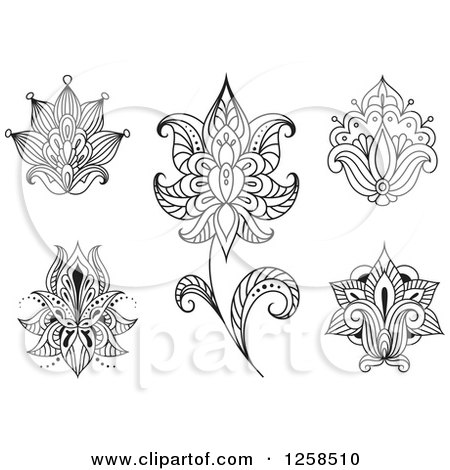 Clipart of Black and White Henna Lotus Flowers - Royalty Free Vector Illustration by Vector Tradition SM