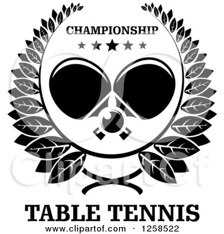 Clipart of a Black and White Ping Pong Ball and Crossed Table Tennis Paddles with Stars and Text in a Wreath - Royalty Free Vector Illustration by Vector Tradition SM