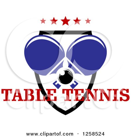 Clipart of a Ping Pong Ball and Crossed Table Tennis Paddles with Stars in a Shield and Text - Royalty Free Vector Illustration by Vector Tradition SM