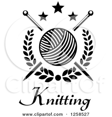 Clipart of Black and White Knitting Needles and Yarn over Text with Stars - Royalty Free Vector Illustration by Vector Tradition SM