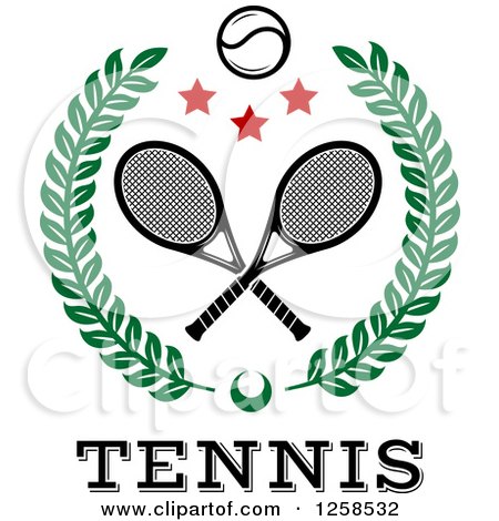 Clipart of a Leafy Wreath with Crossed Tennis Rackets a Ball and Stars over Text - Royalty Free Vector Illustration by Vector Tradition SM