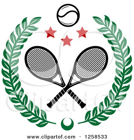 Clipart of a Leafy Wreath with Crossed Tennis Rackets a Ball and Stars - Royalty Free Vector Illustration by Vector Tradition SM